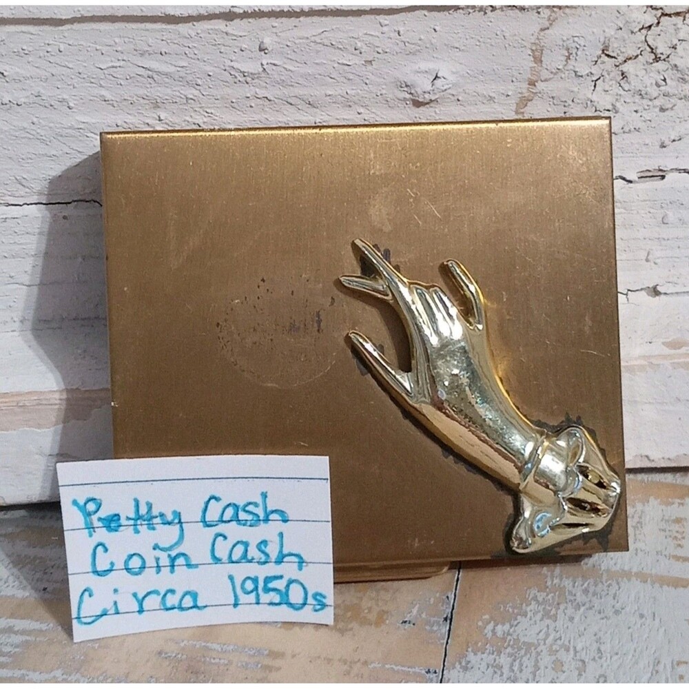 Vintage 1950's Petty Cash Case Brass Metal W/Elegant Hand Embellishment Silver
